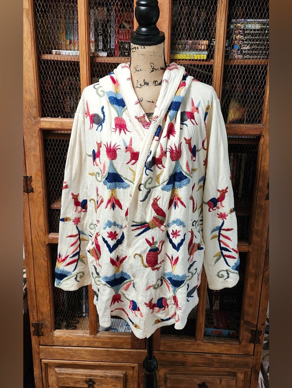 Biya Johnny Was Embroidered Hooded Drape Cardigan Sweater Jacket Sz XL - Picture 2 of 9
